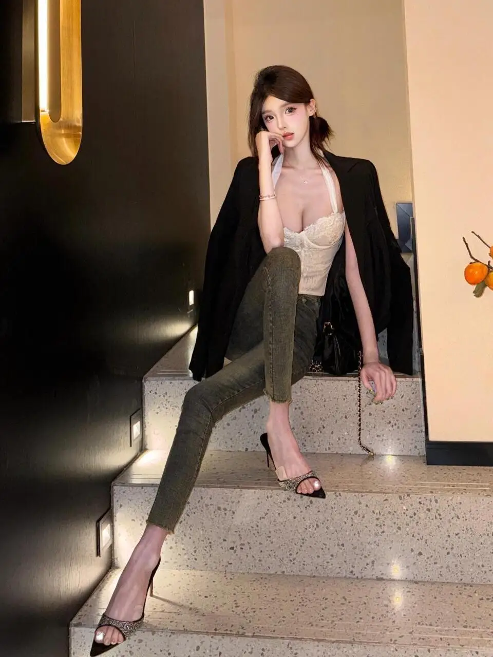 

Retro Washed Blue Denim High Waist Elastic Slimming Fashionable Women's Pencil Nine Point Pants Cotton Stretch Denim Fabric
