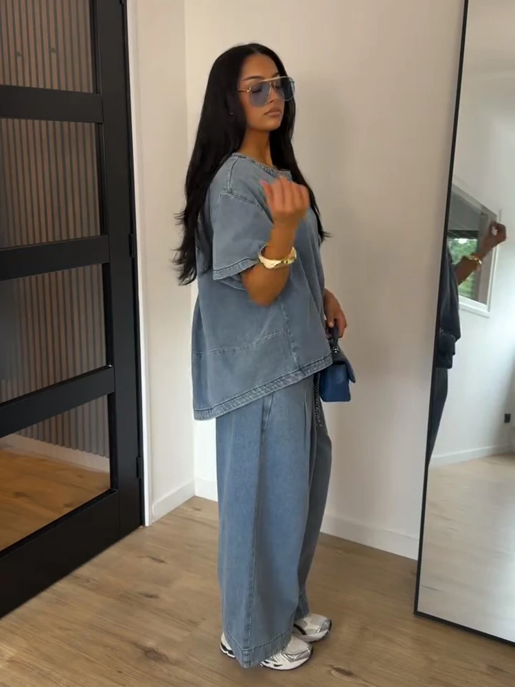 Denim-Übergrößen-Oberteil und Hosen-Set für Damen, Street-Style O-Ausschnitt Kurzarm mit Unregelmäßigem Saum, Lockere Oberteile und Weite Hosen, Schicke Damen-Outfits – Detail 15