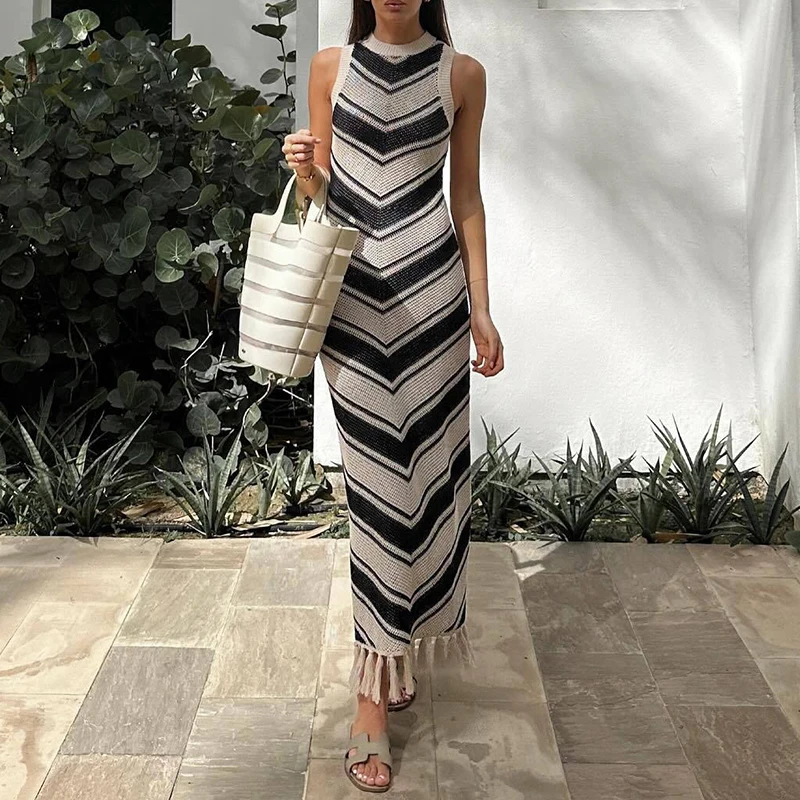 ECR Hit Color Slimming Long Dresses For Women Stand Collar Sleeveless High Waist Spliced Tassels Stripe Dress Female Fashion New