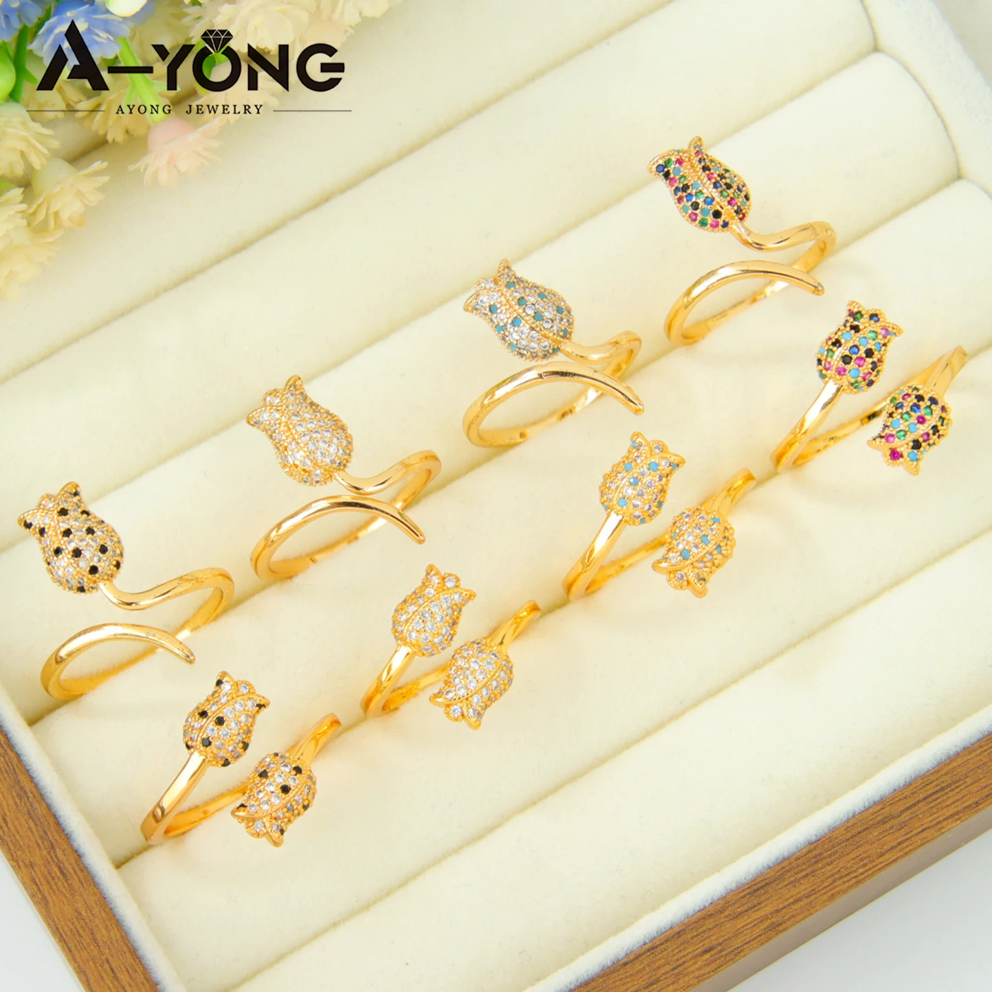 

Dubai Fashion Zirconia Rose Ring 21k Gold Plated Italian Exquisite Cocktail Ring Arabic Women Daily Party Jewelry Gifts