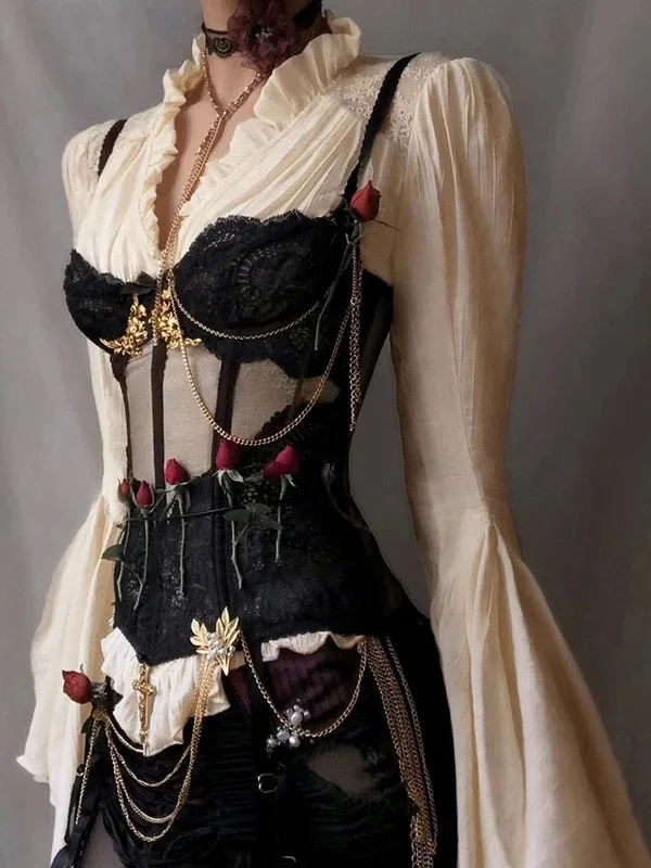 Gothic Sle Medieval Court irt Women's loween Subculture Asymmetrical Skirt Set High Waist Gown with Pleats Long Sve