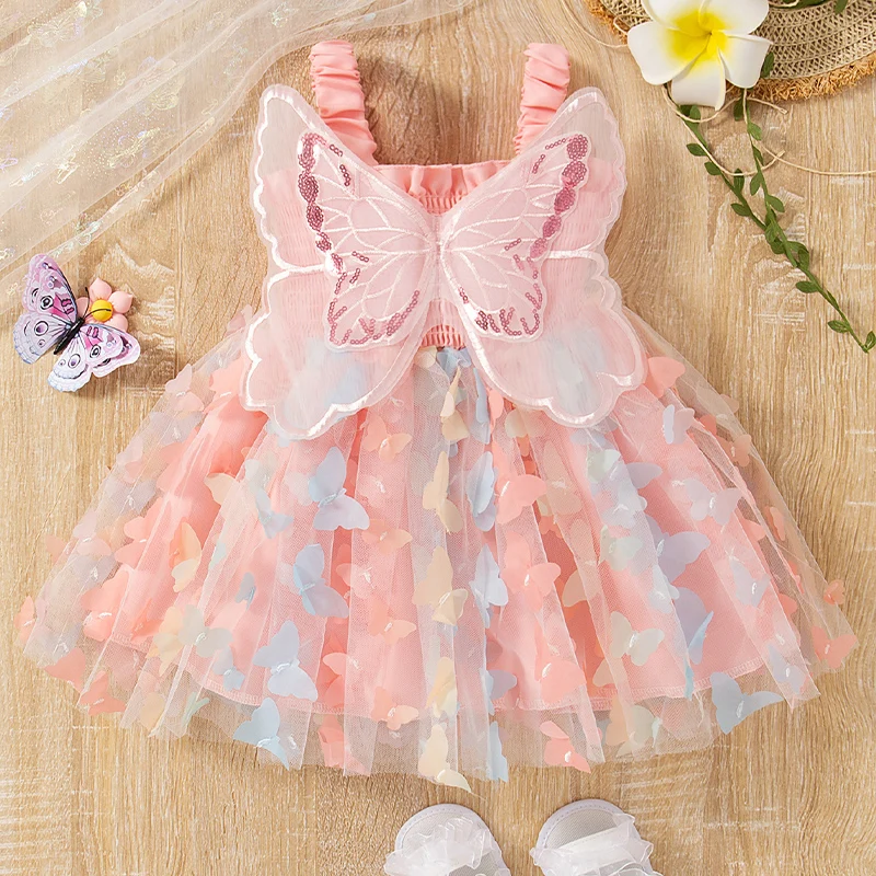 Baby Girl Dress Summer Butterfly Wings And Butterfly Pattern Halter Puffy Baby Dresses Cute Casual Beach Girl Kid's Dress
