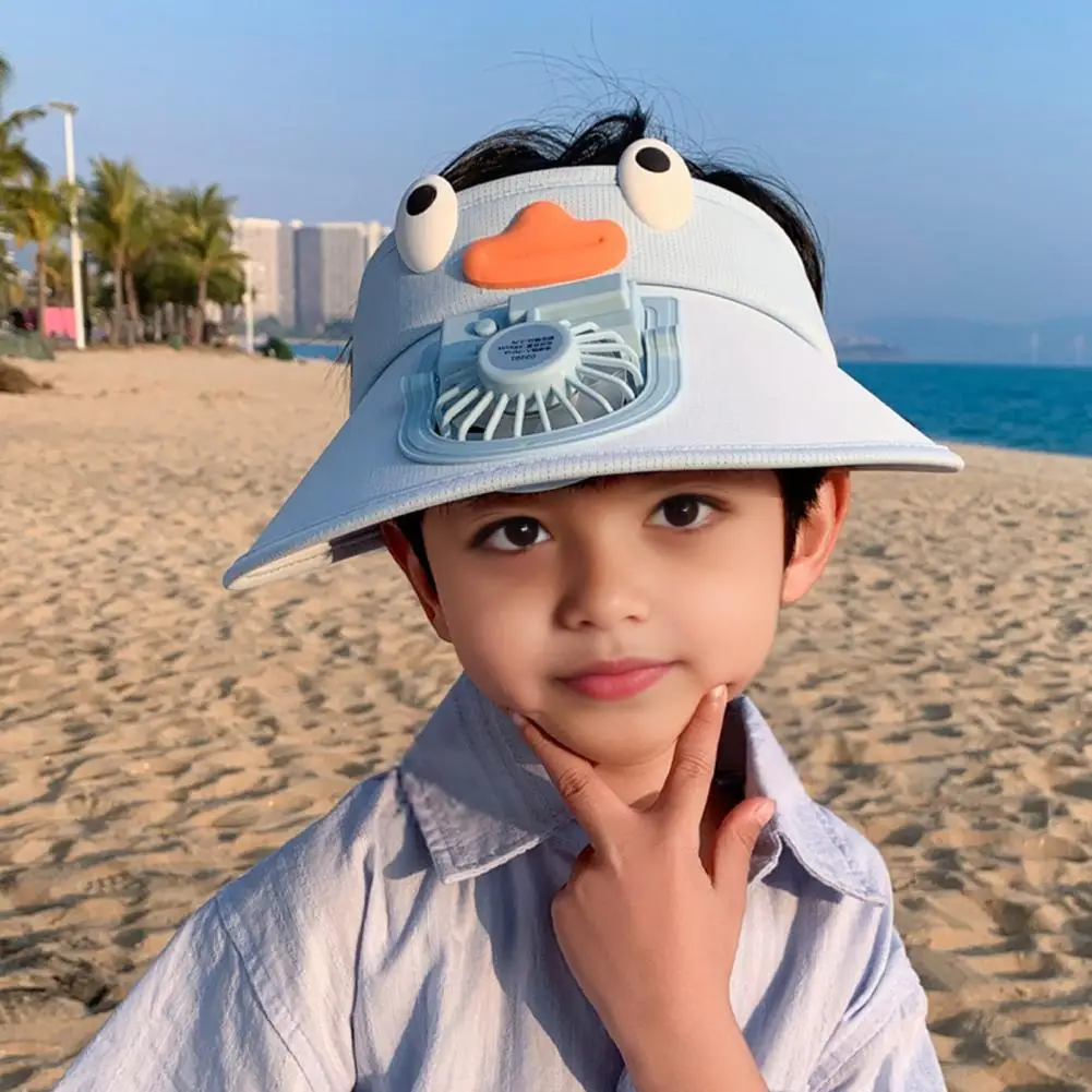 

Kids Hat with Built-in Fan Cartoon Shape Oversized Brim UV-Resistant Sun Hat Cartoon Style Adjustable Wind Speed Hat