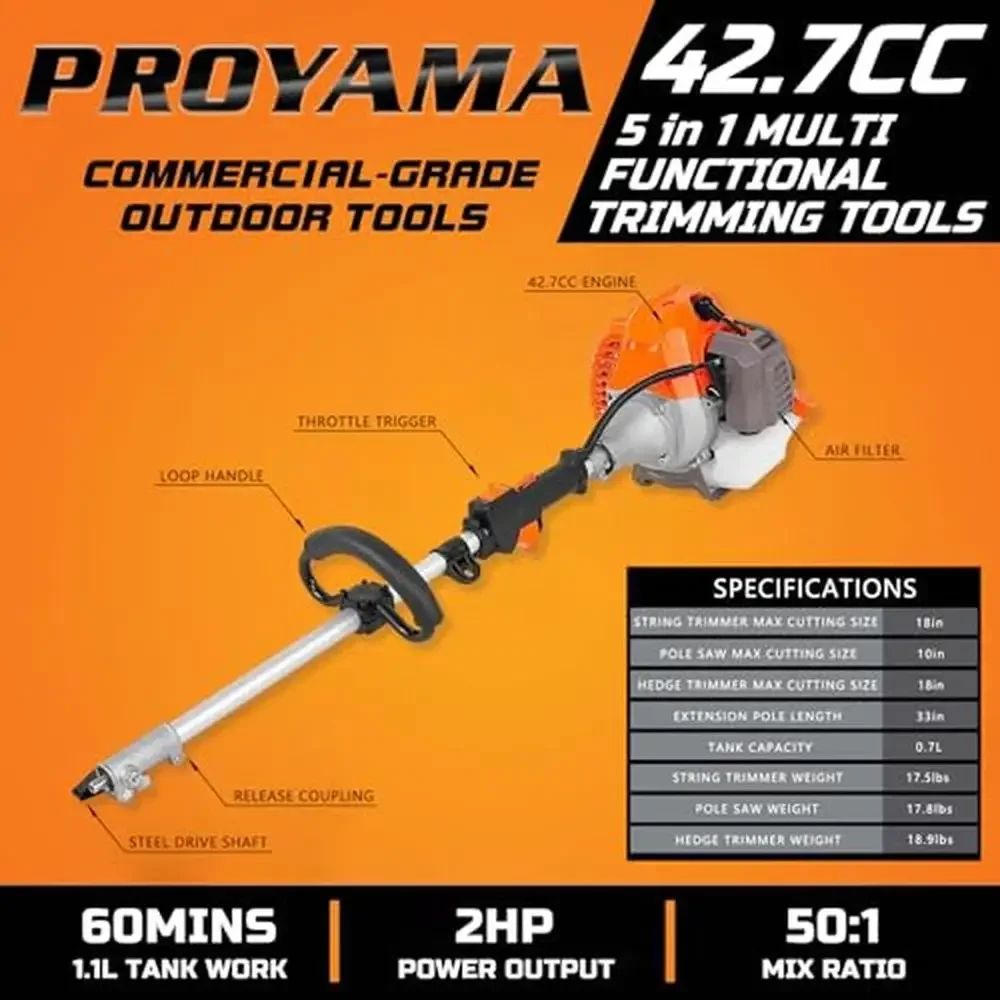 5 in 1 Gas Hedge Trimmer String Brush Cutter Pole Saw Kit Adjustable Extension Length Powerful 42.7cc Engine EPA Certified