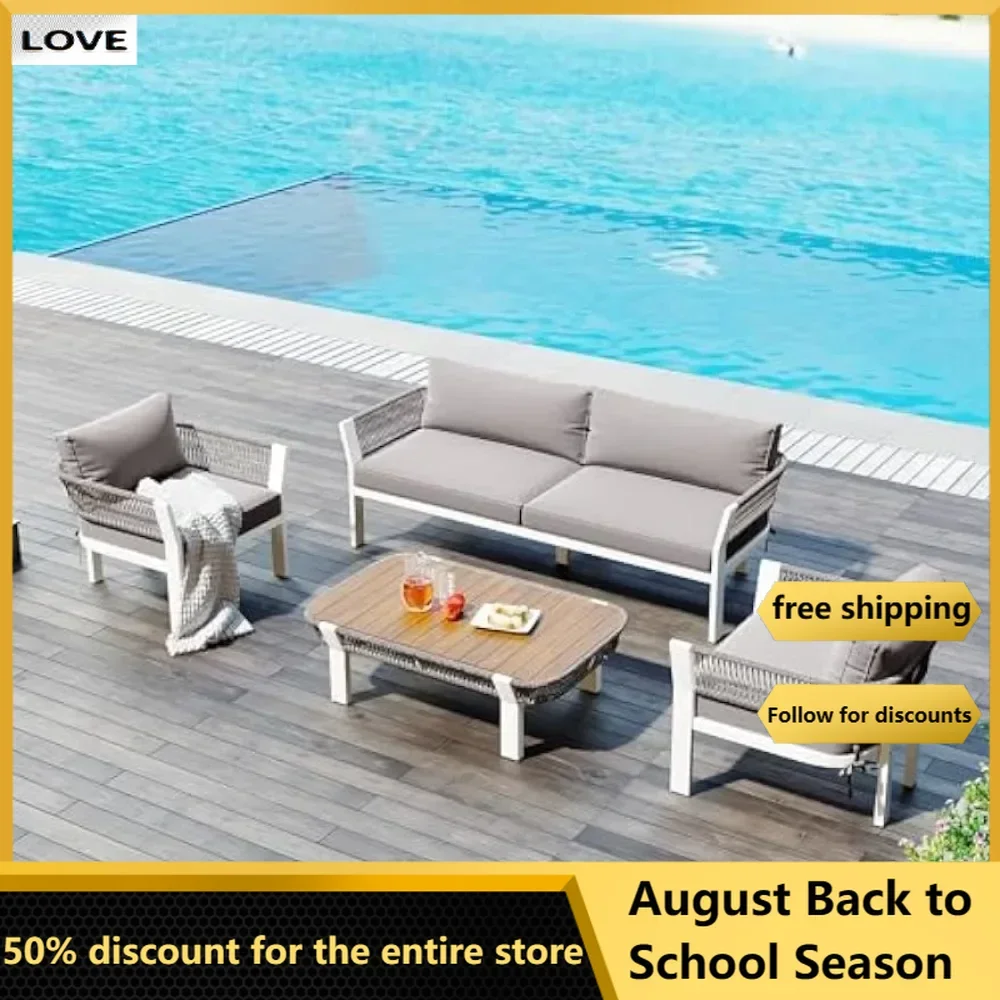 

4 Piece Rattan Conversation Sofa Set with Loveseats, Two Single Chairs, Wooden Coffee Table Four Waterproof Cushions & Pillows