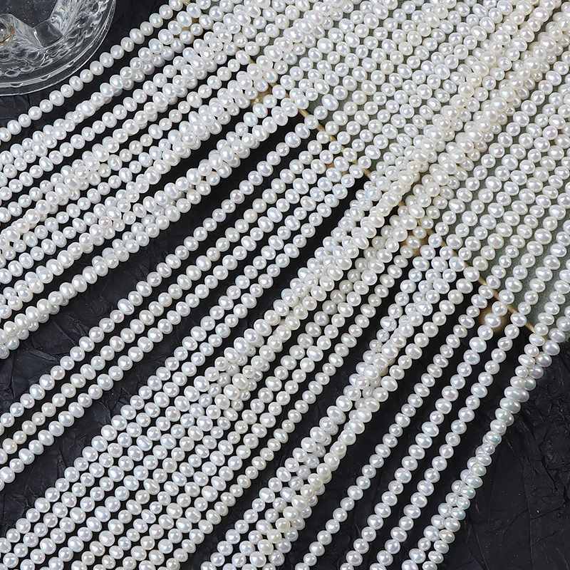 A semi-finished strand of 3-4mm small, nucleus-free freshwater natural pearls, approximately 40cm in length.