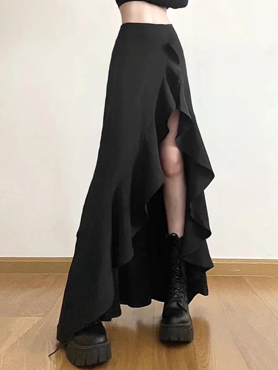 กระโปรงทรงเอเอวสูงไม่สมมาตรสำหรับผู้หญิงขนาดบวกดีไซน์อินเทรนด์เดินทางสลีโพลีเอสเตอร์ผสมกระโปรงยาว