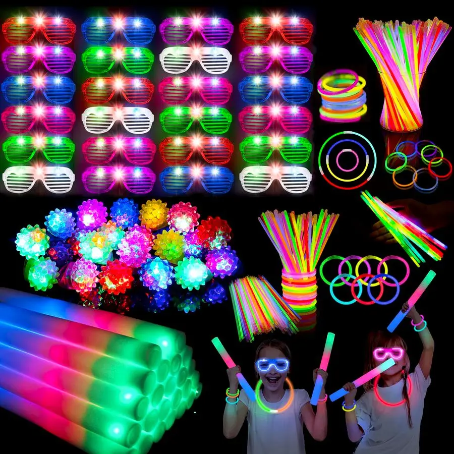 

272 предмета светящихся в темноте принадлежностей для вечеринок, набор светящихся палочек, 24 светящиеся палочки из пенопласта, светодиодные очки, светящиеся кольца и другие аксессуары.