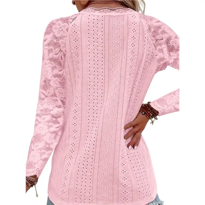 

NEW-Women Scalloped V Neck Lace Panel Eyelet Embroidery Long Sleeve Casual Top Loose Fashion Shirts