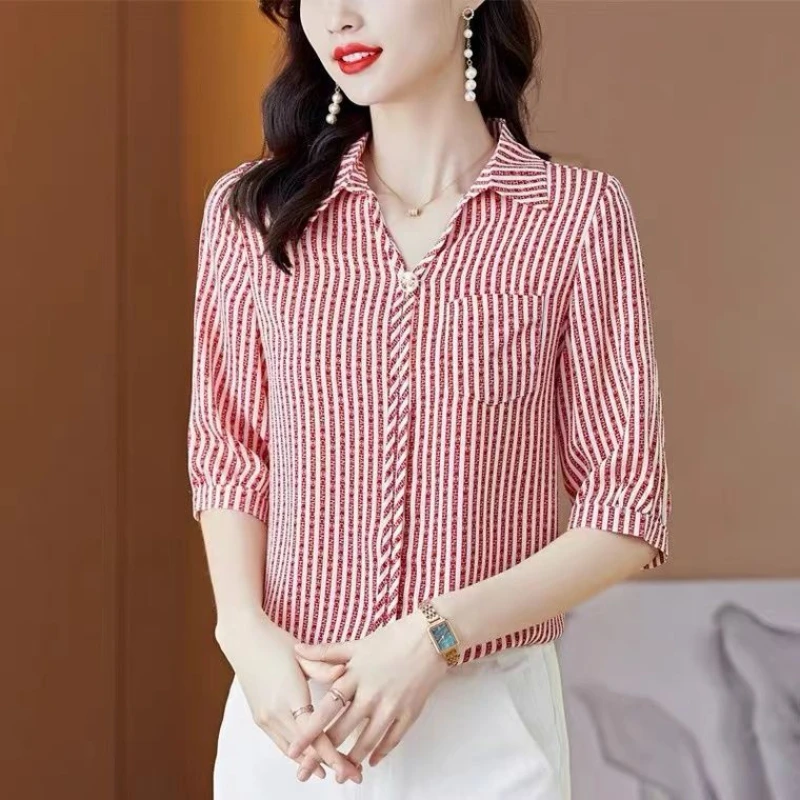 High-grade Silk Shirt Women's Short-sleeved New Summer Stripe Print Three-quarter Sleeve POLO Neck Panel Pocket Commuter Korean