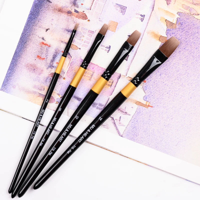 Strong Flexible Stiff Synthetic Hair PBT 0.1&0.15MM Flat  Acrylic Oil Painting Brush Wooden Handle Brass Ferrule 715F MU HE ART