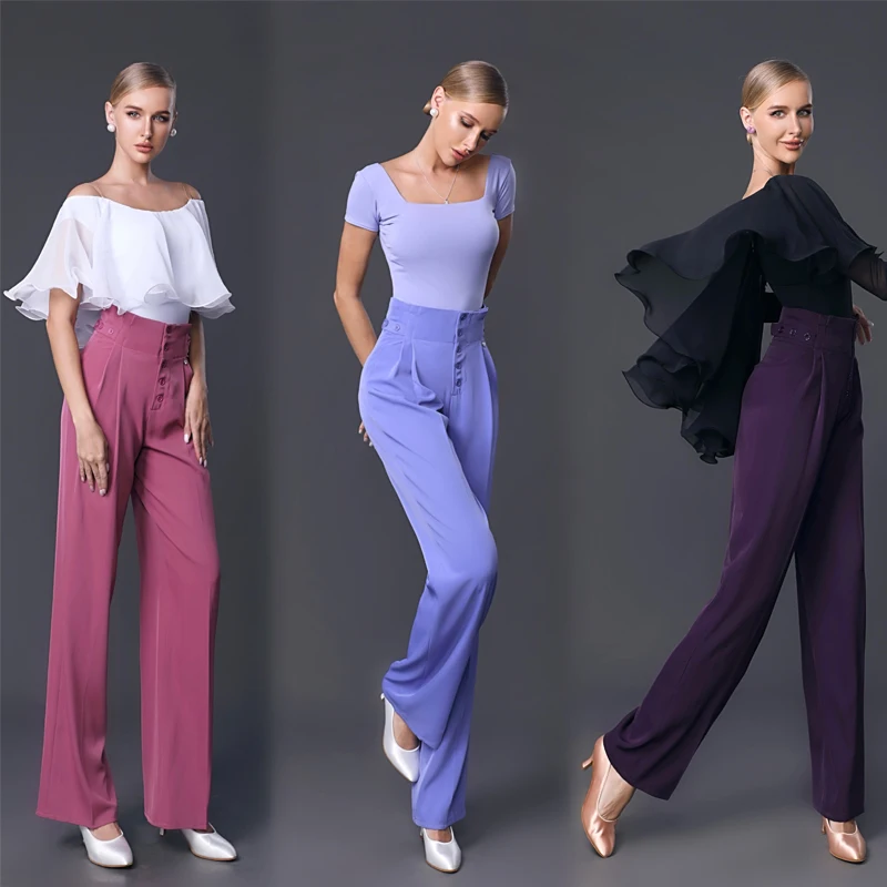 Pantalones de baile latino moderno para mujer, pantalón de cintura alta, pantalones de pierna ancha, ropa de práctica, Ropa de baile de salón, 3 colores, SL7331