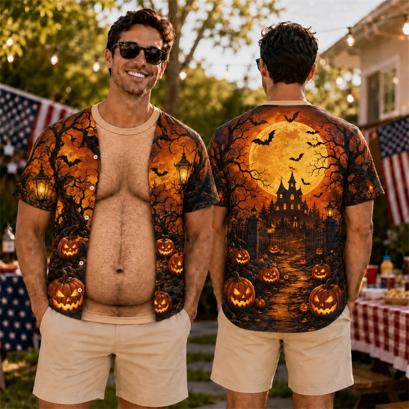 Horror Halloween Haunted House Mens T-shirts 3d Print Fake Muscle Short Sleeve Tees Casual Holiday Party Summer Costume Gifts