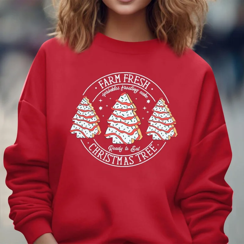 Women's Christmas Red Round Neck Farm Fresh Cake Sweatshirt Sweater Gift Top Casual Long Sleeved Shirt