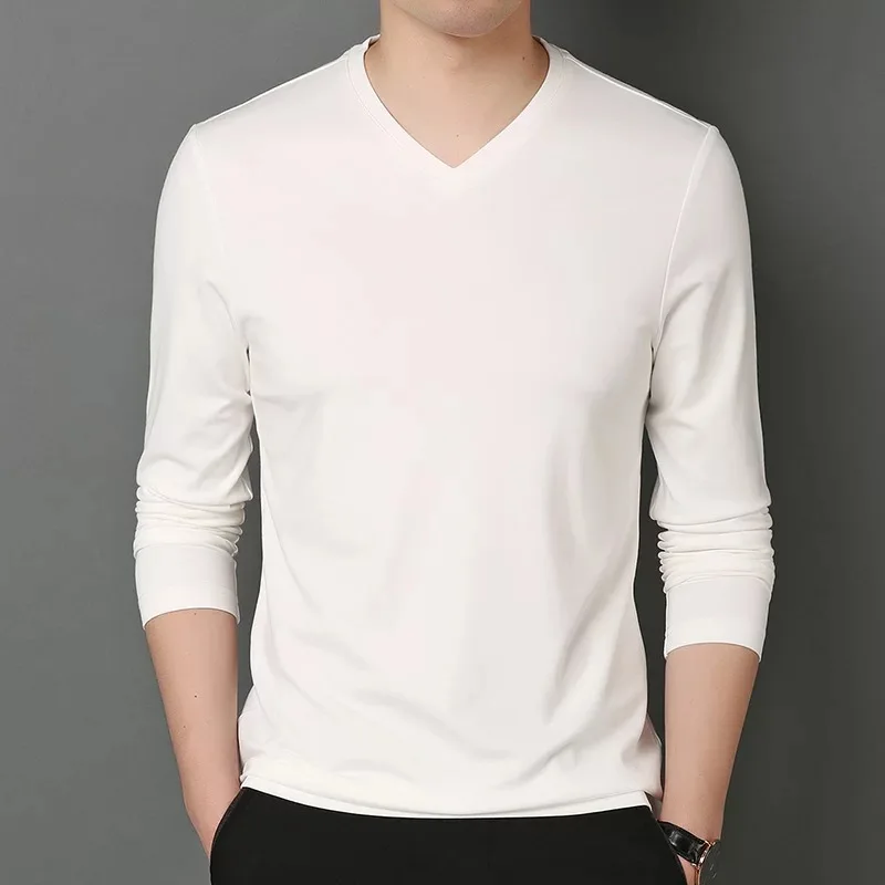 

2024 thin long sleeved T-shirt for men in spring and autumn, slim fit and casual autumn outfit, bottom V-neck inner layer