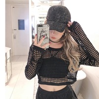 Women's Summer Polyester Slim Look Sexy Short Top Fashionable Outer Wear Hollow Long-Sleeved T-Shirt Black Free Size With Sling