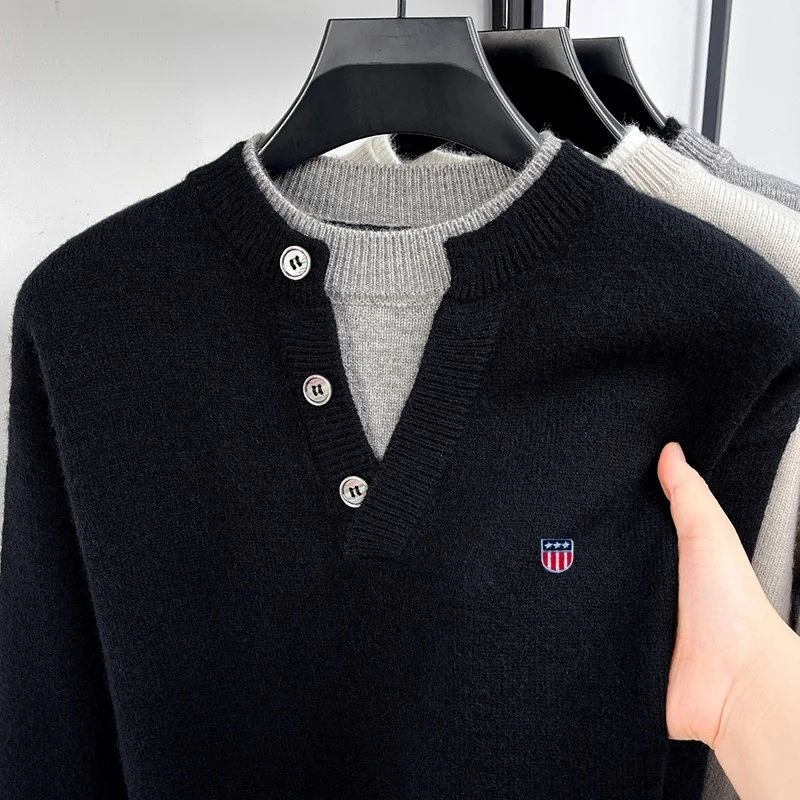 Hochwertiger Herren-Langarm-Pullover Strickware V-Ausschnitt Farbblockierung Falsches Zweiteiler-Design Stickerei Modische Freizeitkleidung für Männer – Detail 16