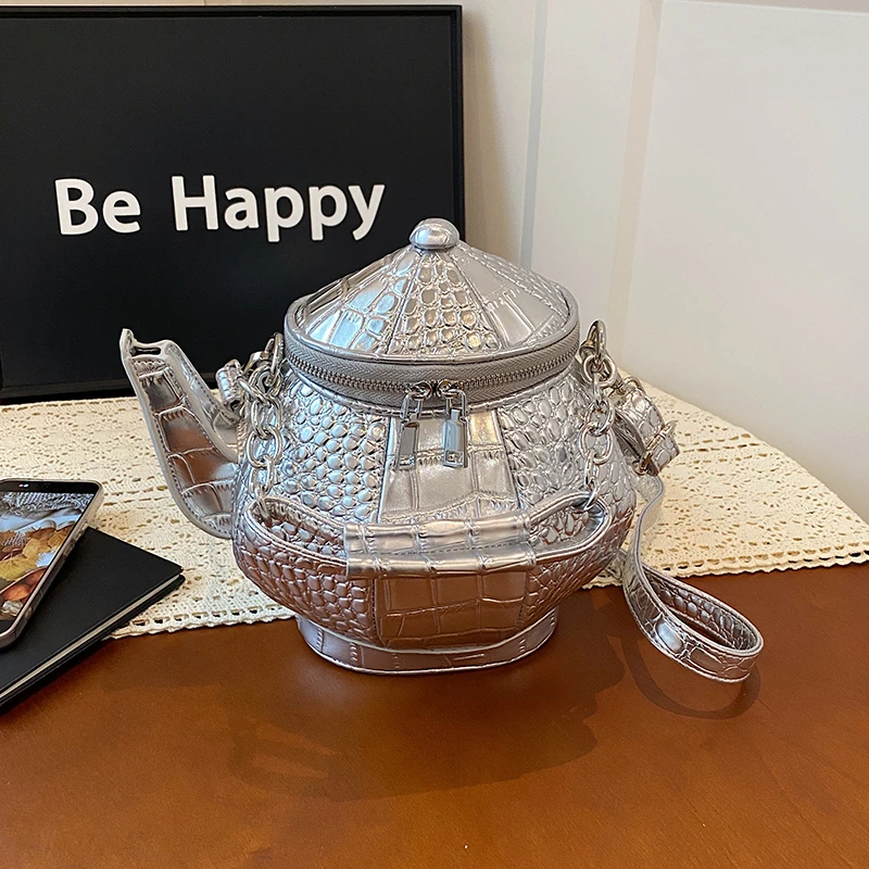 Super Cool Teapot Shape PU Alligator Pattern Shoulder and Crossbody Bags Solid Zipper Chains Creative Women's Handbags 2026 New