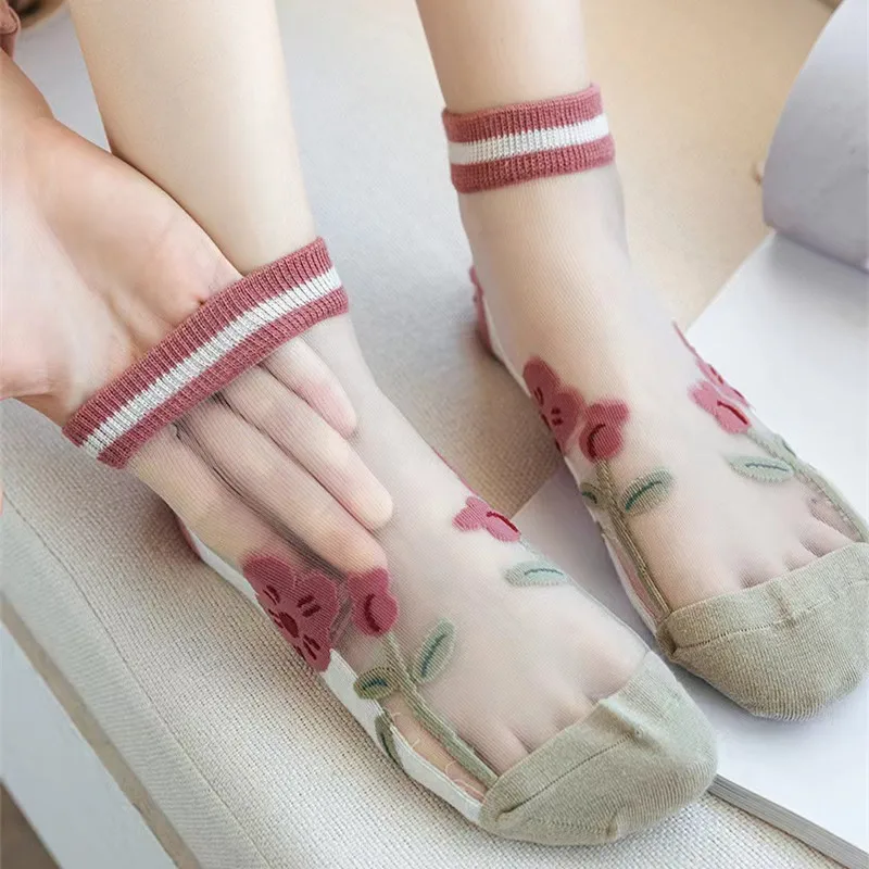 5 Pairs Lovely Pink Floral Women Summer Sexy Socks Transparent Girls Students Comfortable Casual Cute Silk Ankle Short Socks