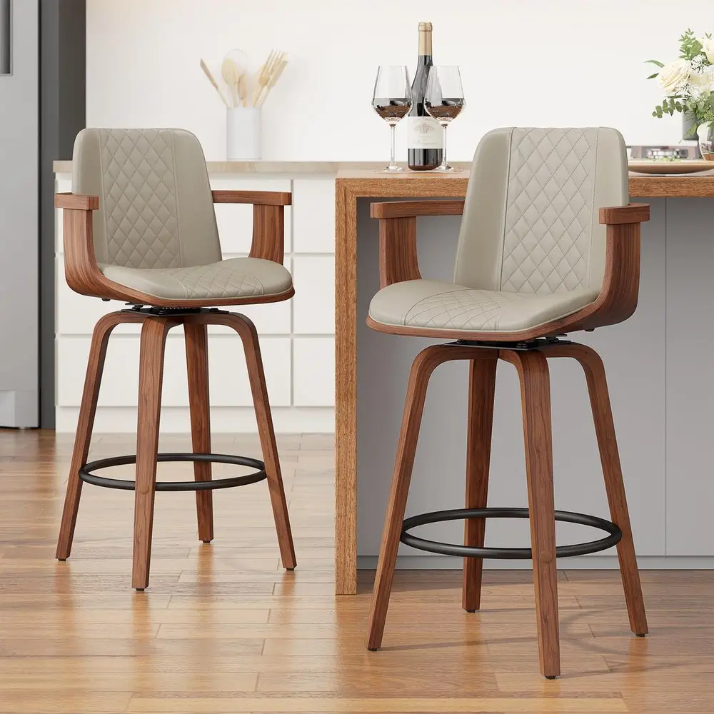 

Комплект из 2 барных стульев, барные стулья высотой 26 дюймов с деревянными ножками и спинками, обитые искусственной кожей, с каркасом из гнутого дерева