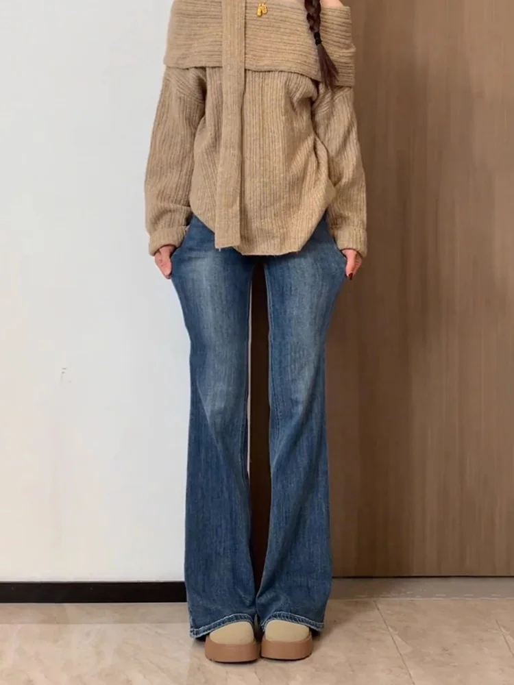 Deep Blue Fce Gefütterte High Waist Bell Bot Jeans Damen Herbst Winter Thiened Große Hose mit weitem Bein Freizeitkleidung