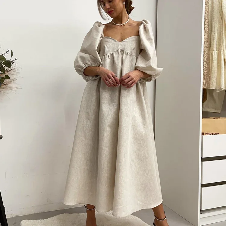 Jastie Summer New Cotton And Linen Long Dress Women French Square Neck Puff Sleeve Dresses Elegant Loose Solid Big Swing Dress