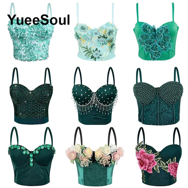 Zielone crop topy z diamentowymi frędzlami, gorset, nowość na lato 2026, słodkie, urocze, w stylu Y2K, na wieczorne przyjęcie, seksowny bustier, odzież uliczna, ubrania damskie.
