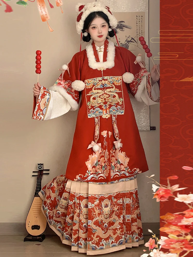 Chinese New Year Hanfu Women's Thickened Winter Chinese Style Dragon Year Spring Festival Ming Made Horse Face Skirt