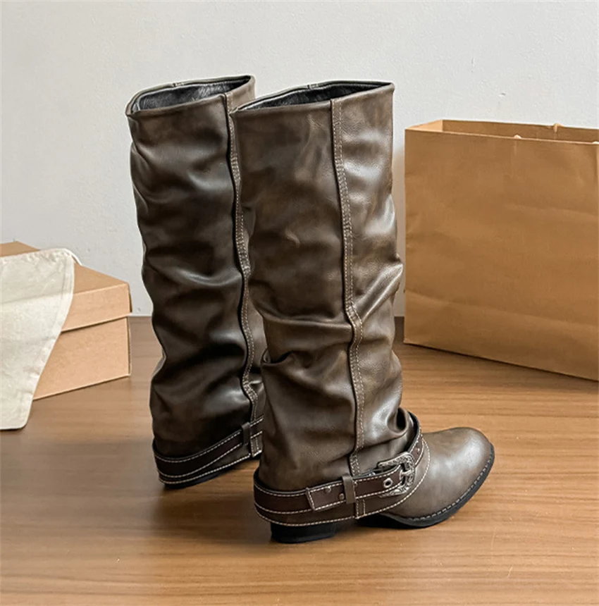 Punk-Style Belt Buckle Mid-Calf Boots for Women Square Heel Motorcycle Boots Pu Leather Pleated Boots Street Retro Riding Boots
