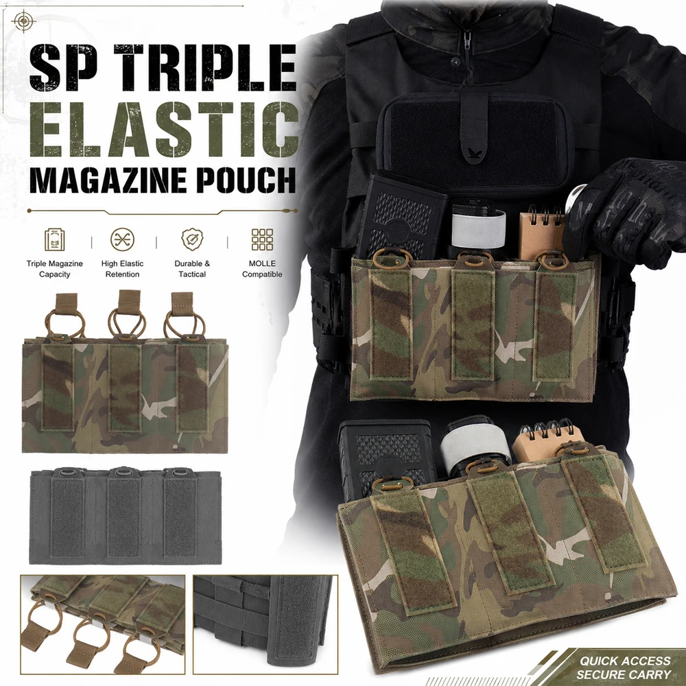 

SP Triple Elastic Magazine Pouch, Tactical 3 Mag Holder, MOLLE Compatible, Stretch Rifle Mag Carrier