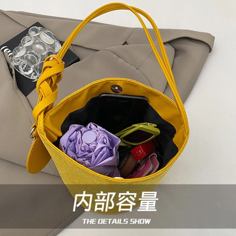 Solid Color Women Suede Shoulder Bucket Bags Large Capacity Versatile Ladies Underarm Tote Casual Female Phone Handbags Purse view 5