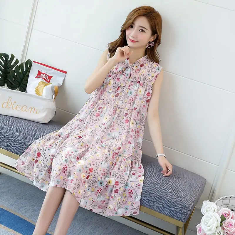 Fashion V-Neck Lace Up Bow Printed Sweet Sleeveless Dress Female Clothing 2024 Summer New Loose Korean Chiffon Floral Dress