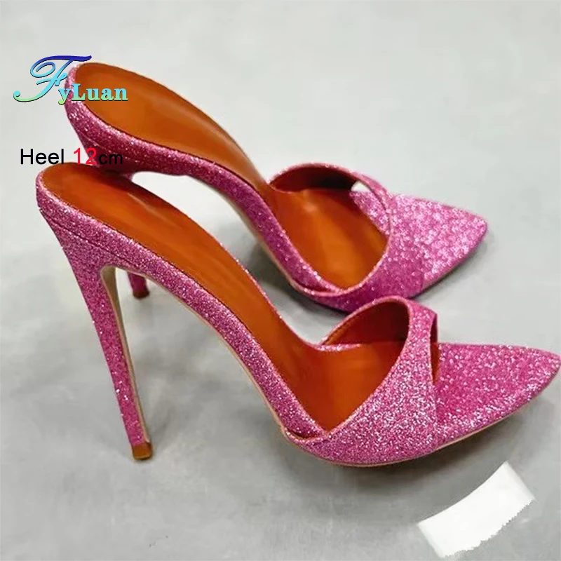 

Женские шлепанцы на тонком каблуке 12 см, блестящие вечерние туфли с блестками, женские летние модели с острым носком, сексуальные сандалии на высоком каблуке