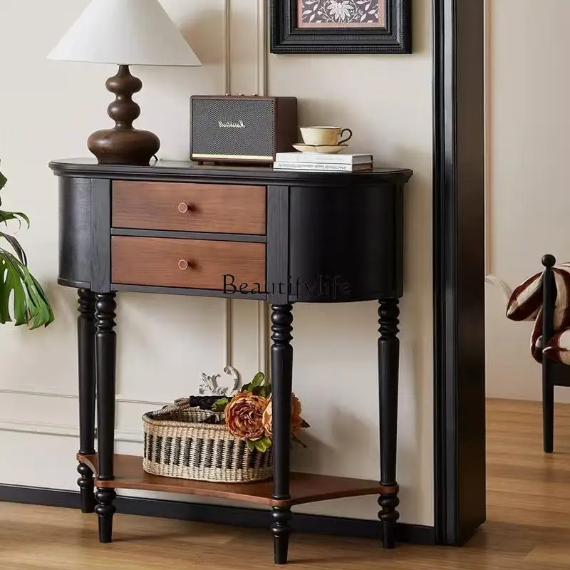 

French retro solid wood entrance table, living room against the wall, ultra-narrow corridor aisle cabinet