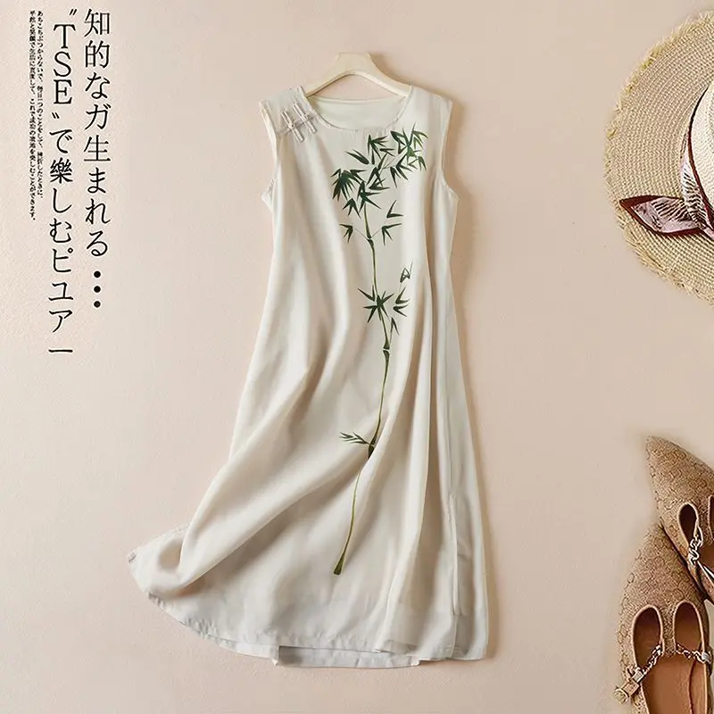 

Real shot of summer Chinese cotton and linen modified cheongsam dress, retro printed bamboo sleeveless vest, slit long skirt