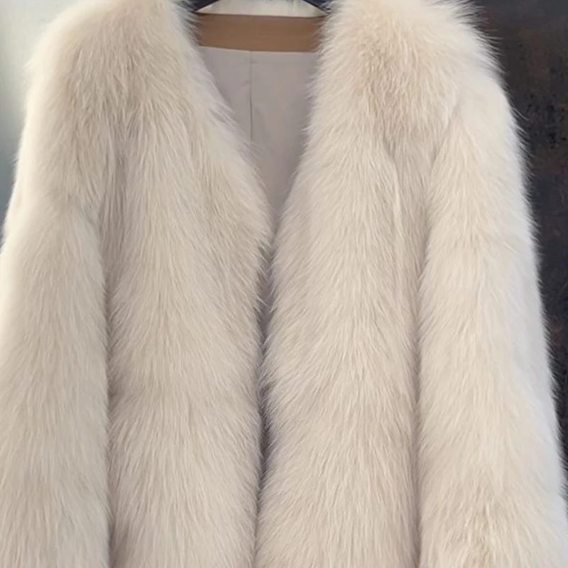 Women's Fall Winter Tops Jacket V-neck Faux Fox Fur Outerwear Design Luxury Brand Warm Simple Fashion Comfortable Eco-friendly