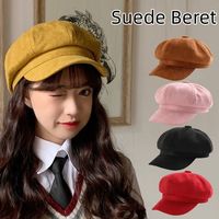 Retro Korean Style Berets Hat Solid Color Keep Warm Suede Octagonal Hat British JK Painter Cap Ladies