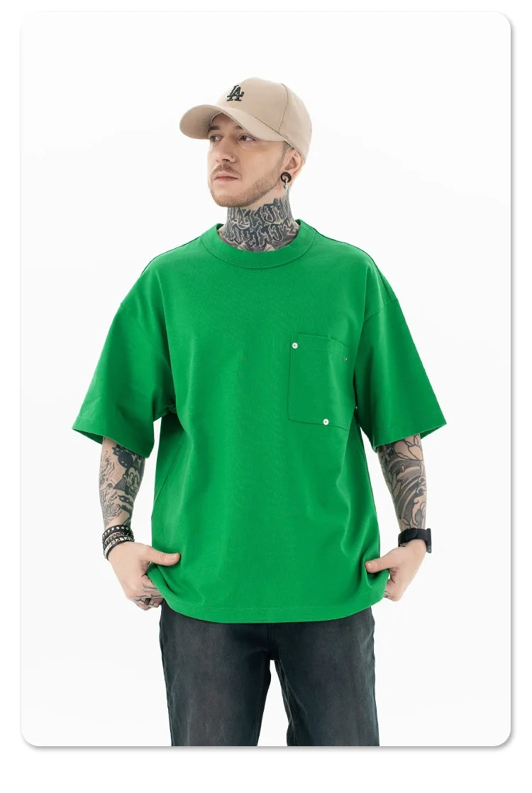 

Men's Luxury Minimalist Short Sleeve Tee 2025 100% Cotton Bottega Veneta Inspired Solid T-Shirt with Triangle Patch Pocket Top