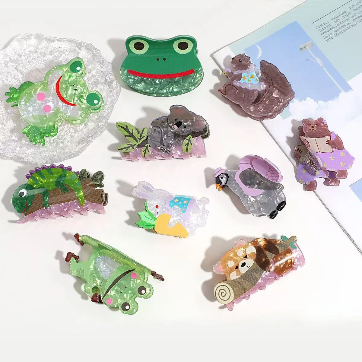 1 Stück Cartoon-Frosch-Haarspange, lustige, kreative Tier-Acetat-Haarspange, wilde mittlere Halb-Haarspange, Haar-Accessoire – Detail 2