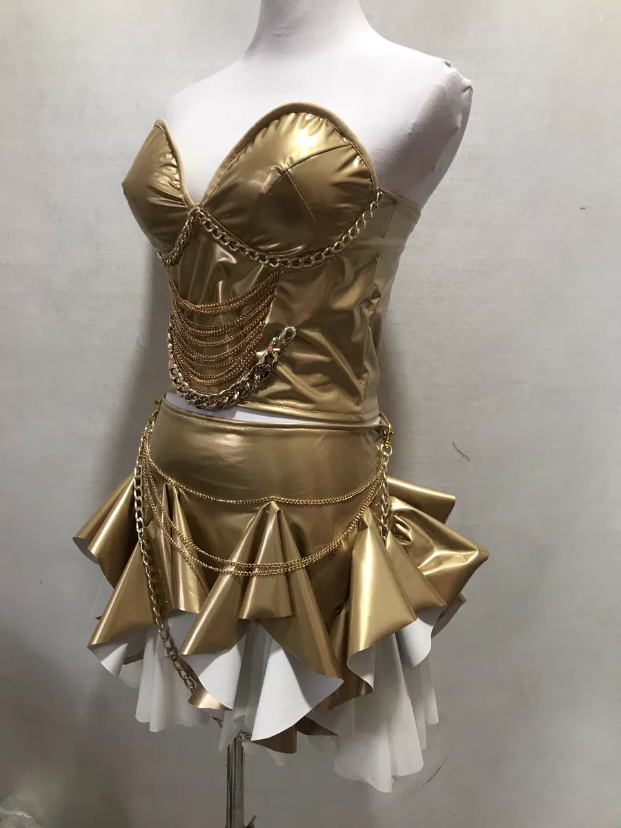 새로운 나이트 클럽 바 여성 가수 선도 댄스 무대 공연 의류 섹시한 라이트 골드 특허 가죽 분할 2 피스 양복