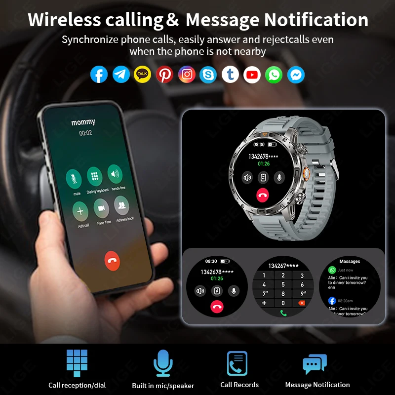 LIGE Relógio Inteligente Masculino Ao Ar Livre 1000mAh Bateria Lanterna LED Bússola Relógio 1.7 ''Grande Tela HD À Prova D 'Água Militar Smartwatch