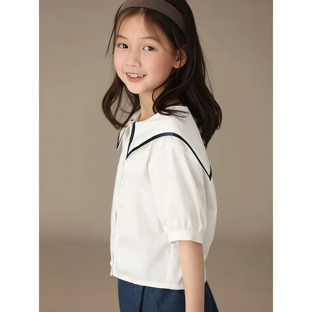 2023 Summer New Arrival Girls Navy Collar White Cotton Short-Sleeved Shirt Kids Shirts Elegant Campus Style for Child