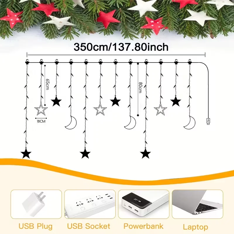 USB-Powered Star Moon String Light Holiday Decoration Warm/Colorful LED Curtain Fairy Lamp for Ramadan Birthday Party Room Decor