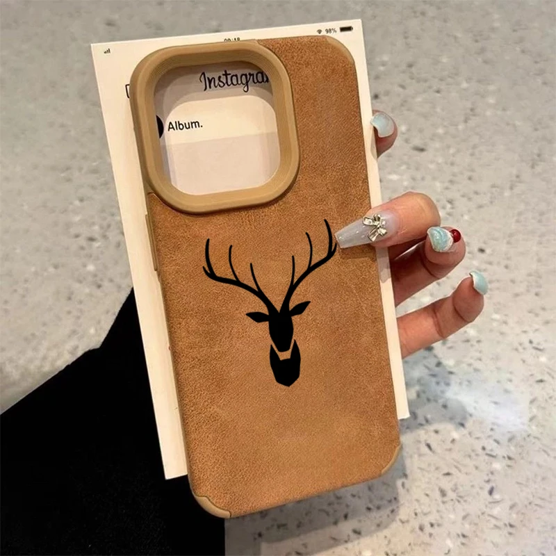 

Black Deer Faux Leather Phone Case For iPhone 15 Cases iPhone 16 Pro Max 14 Plus 13 12 11 XS X XR Brown Shockproof Bumper Cover