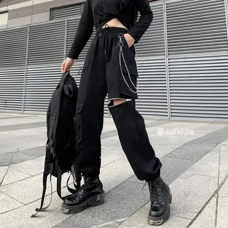 

2025 New Gothique Cargo Pants Women Punk Chain Gothic Harajuku Black Trousers Korean Fashion High Waist Sweatpants Female