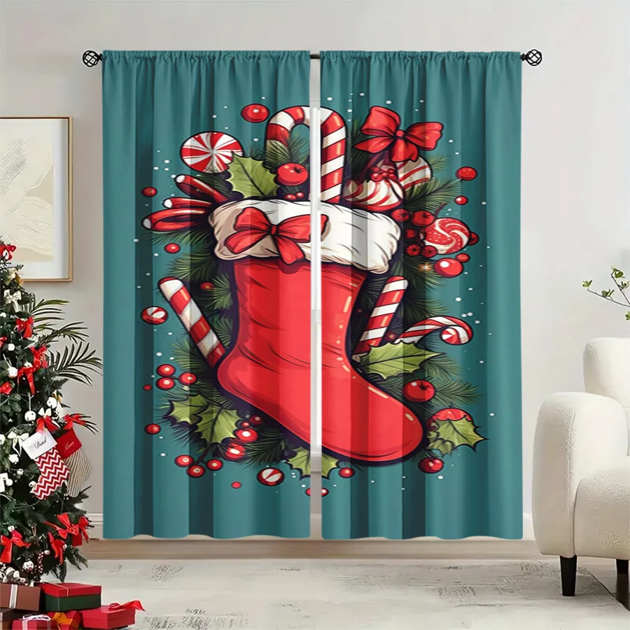 2PCS Christmas Winter Curtains, Cartoon Red Stocking Candy Cane Pine Berry Bow, Digital Print, Bedroom Living Room, Home Decor