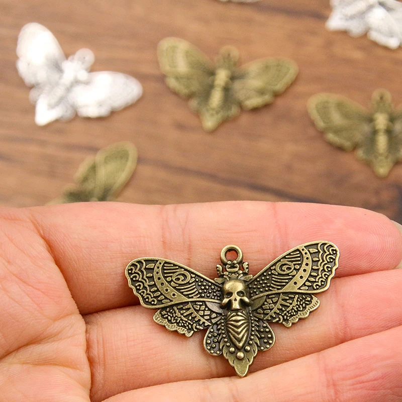 6PCS 27*43mm Metal Alloy New Product Two Color Skull Butterfly Charms Animal Pendant For Jewelry Making DIY Handmade Craft