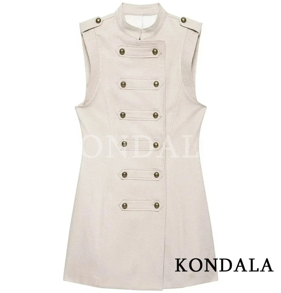 KONDALA Damen Festliches Schickes Minikleid Doppelreihig O-Ausschnitt Ärmellos Neues Modisches Kleid Frühling Sommer 2026 Elegantes Damenkleid