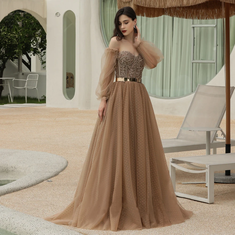 Luxury Sweetheart Long Evening Dress 2023 Women's Detachable Train Sleeve A-Dot Tulle Champagne Vintage Formal Dress With Ball V