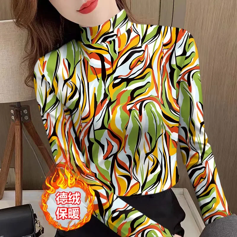 

Autumn and Winter Dev Bottoming Women's Half-high Neck Long-sleeved Striped Print Temperament Inner Top